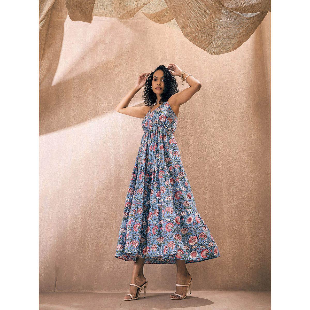 فستان طويل مطبع بزهور مع كسرات وحمالات كتف ساسافراس × ستايلي-women-clothing-dresses-image-3