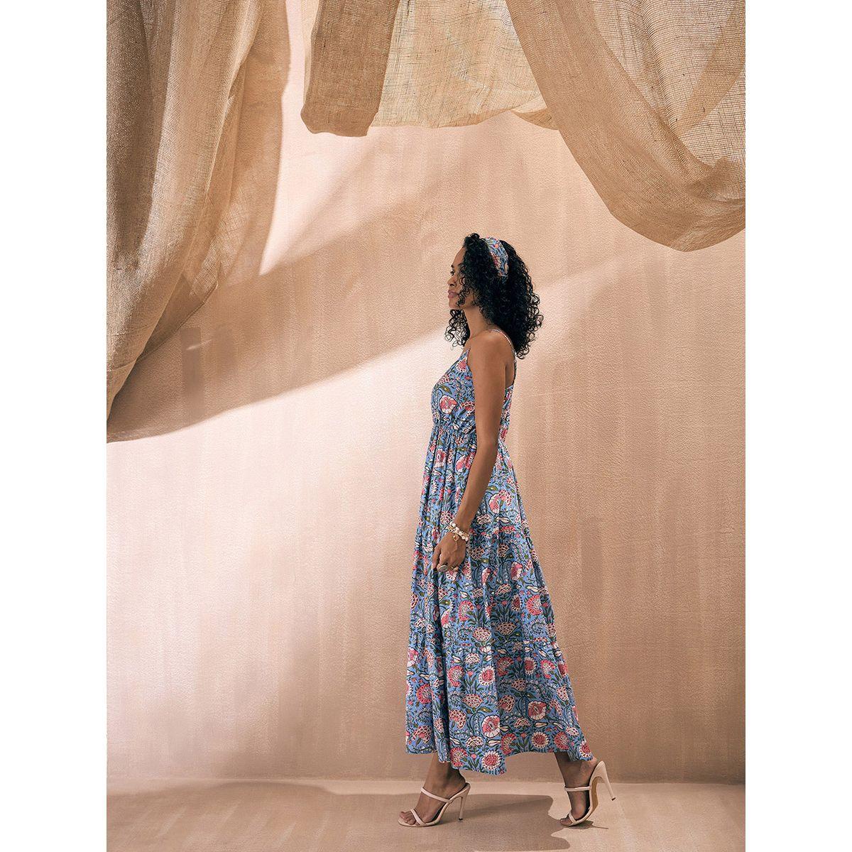 فستان طويل مطبع بزهور مع كسرات وحمالات كتف ساسافراس × ستايلي-women-clothing-dresses-image-7