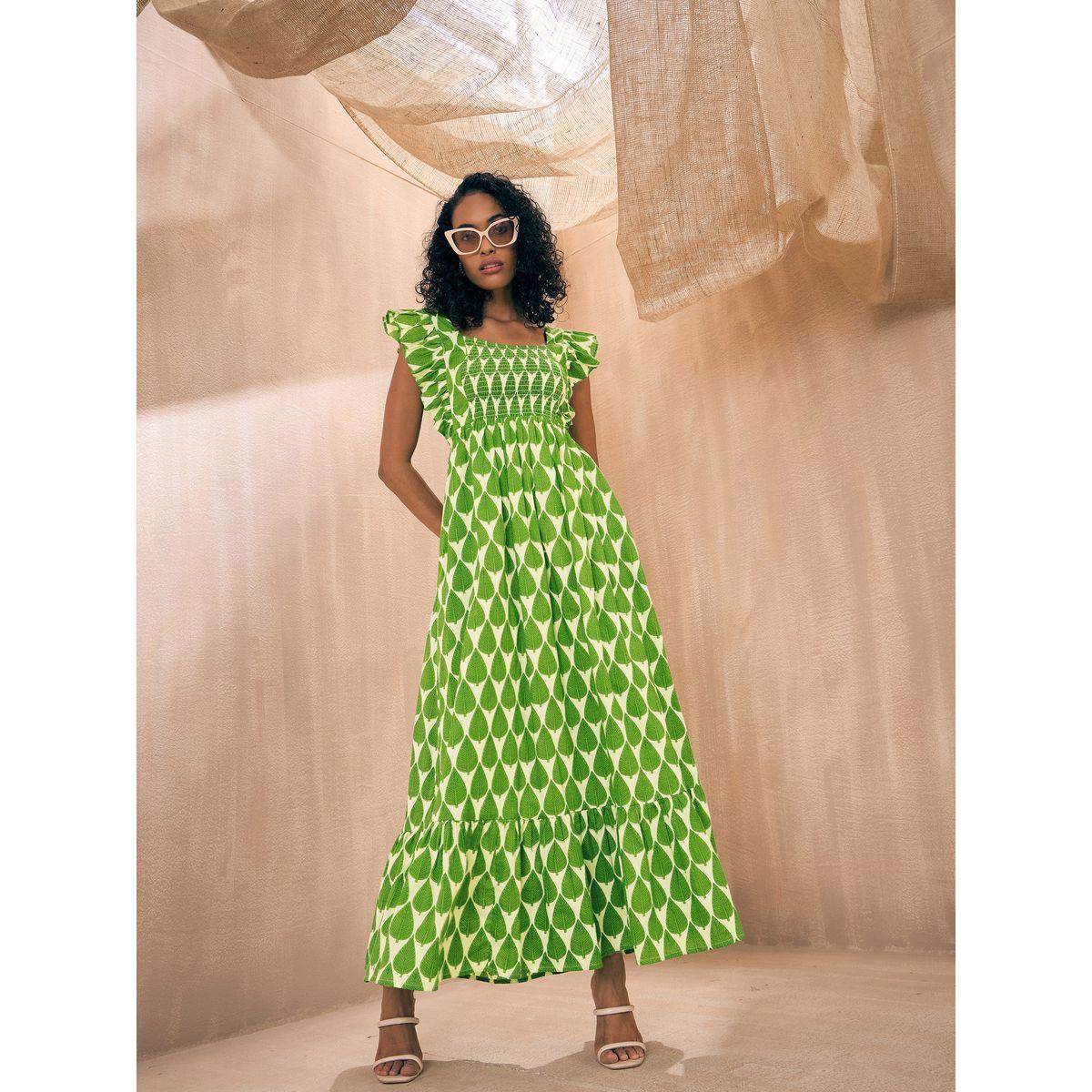فستان طويل مطبع بأوراق شجر مع كشكش ساسافراس × ستايلي-women-clothing-dresses-image-1