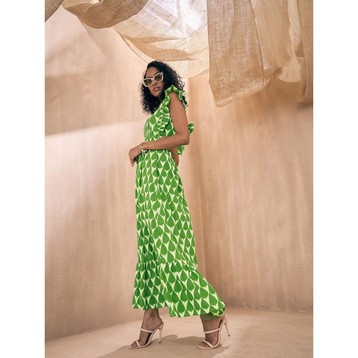فستان طويل مطبع بأوراق شجر مع كشكش ساسافراس × ستايلي-women-clothing-dresses-image-3