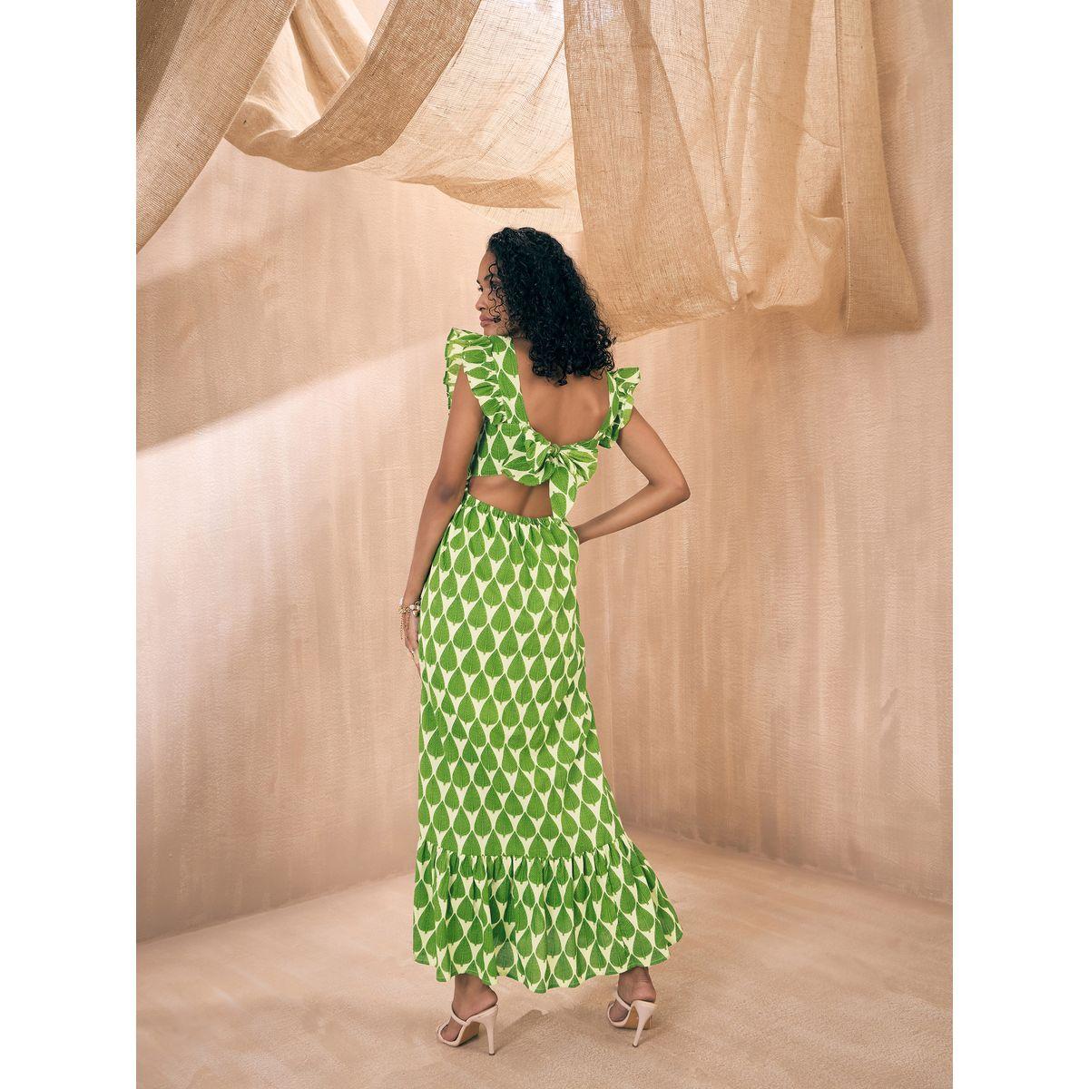فستان طويل مطبع بأوراق شجر مع كشكش ساسافراس × ستايلي-women-clothing-dresses-image-5