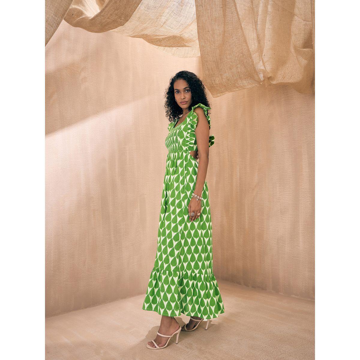 فستان طويل مطبع بأوراق شجر مع كشكش ساسافراس × ستايلي-women-clothing-dresses-image-6