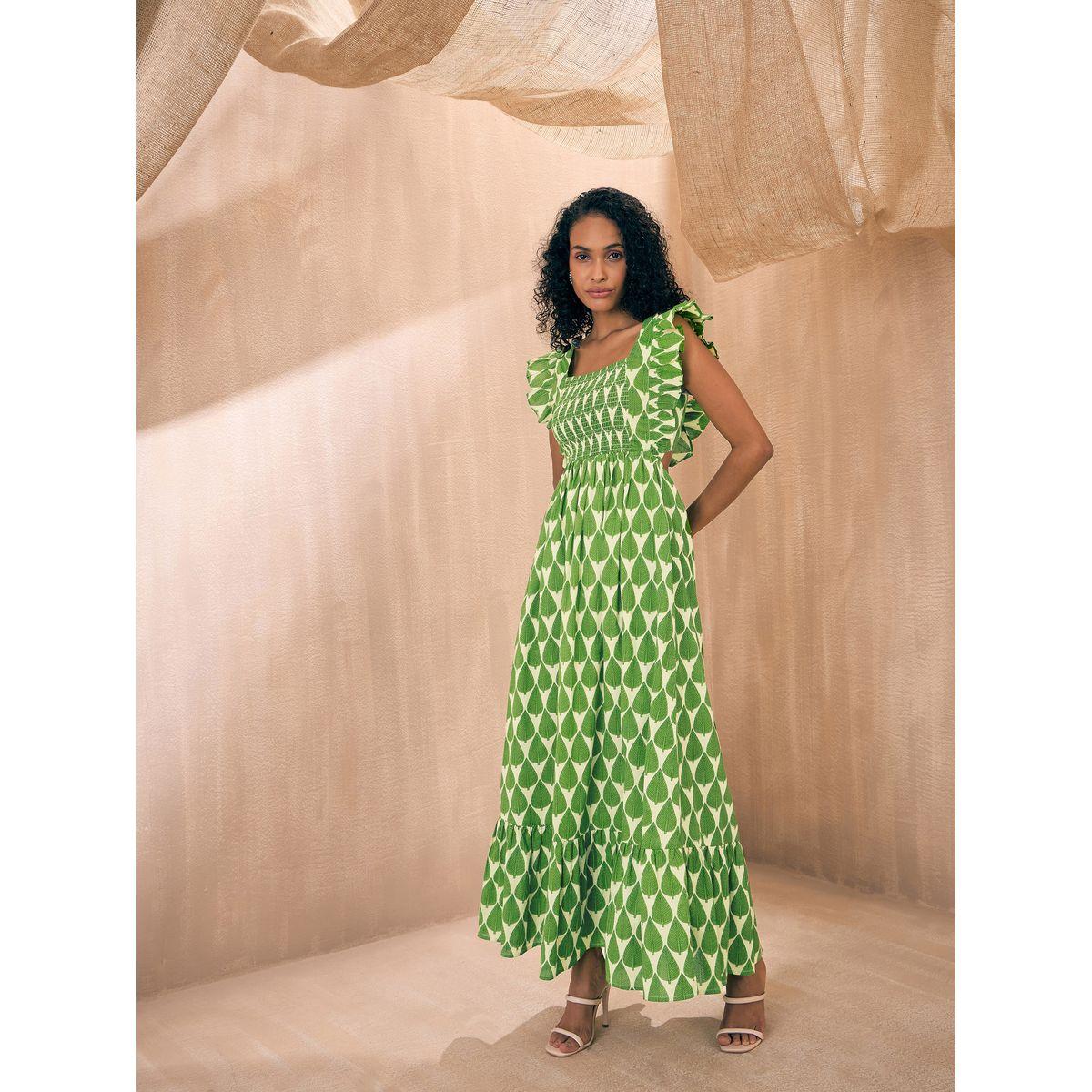فستان طويل مطبع بأوراق شجر مع كشكش ساسافراس × ستايلي-women-clothing-dresses-image-8