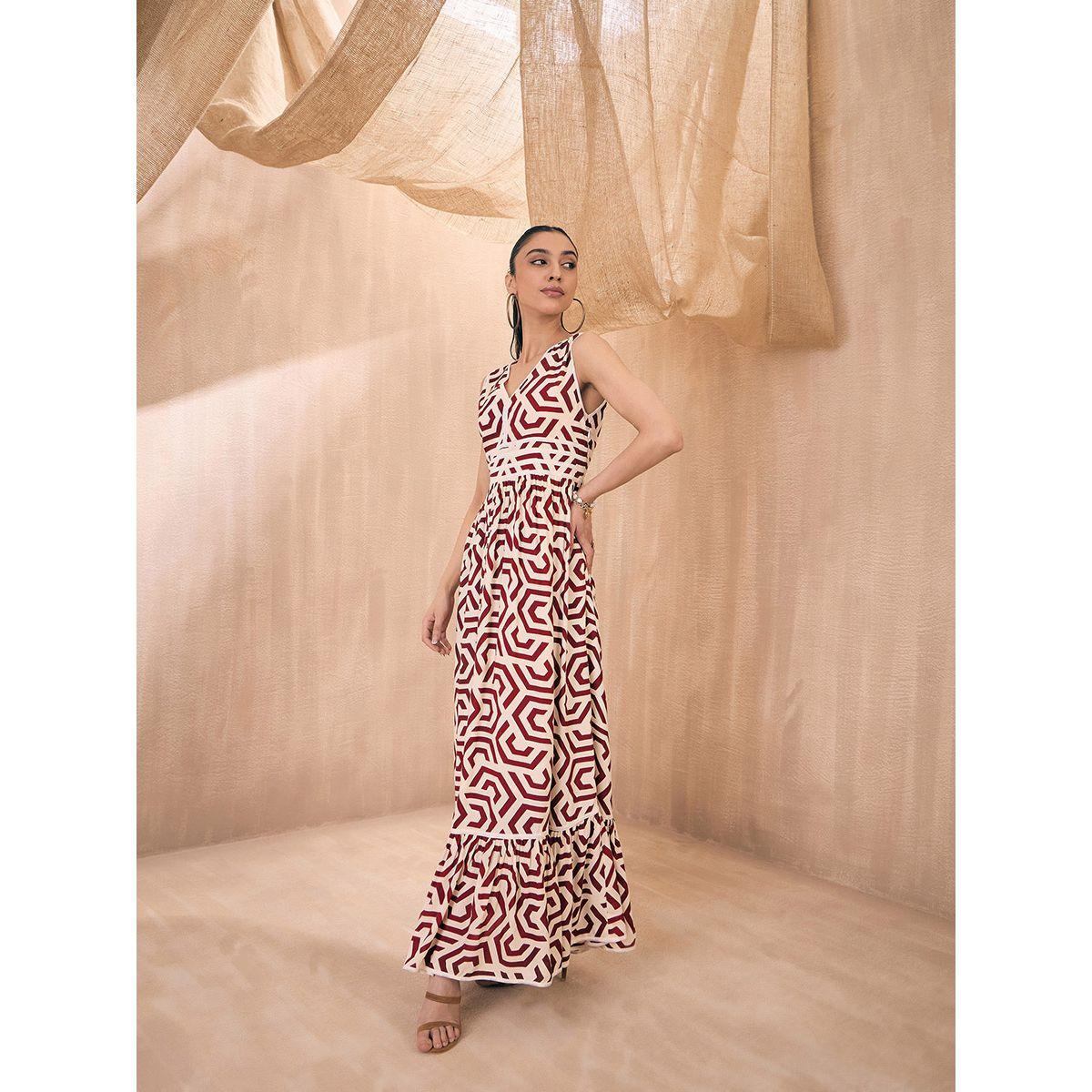 فستان طويل مطبع بنمط هندسي وكسرات ساسافراس × ستايلي-women-clothing-dresses-image-11