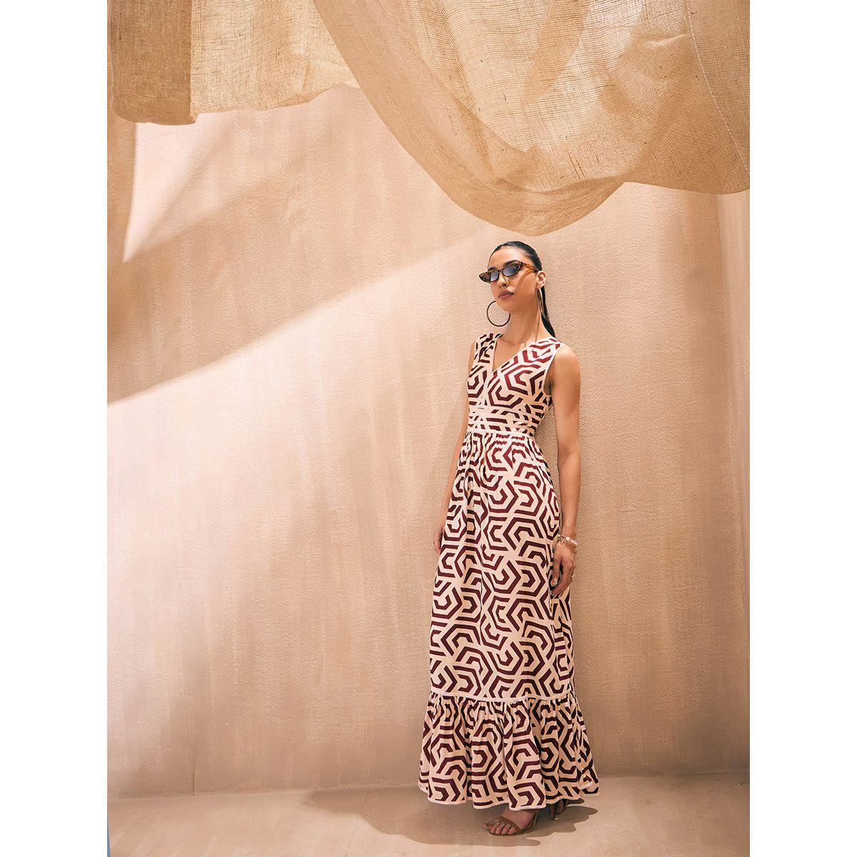 فستان طويل مطبع بنمط هندسي وكسرات ساسافراس × ستايلي-women-clothing-dresses-image-3