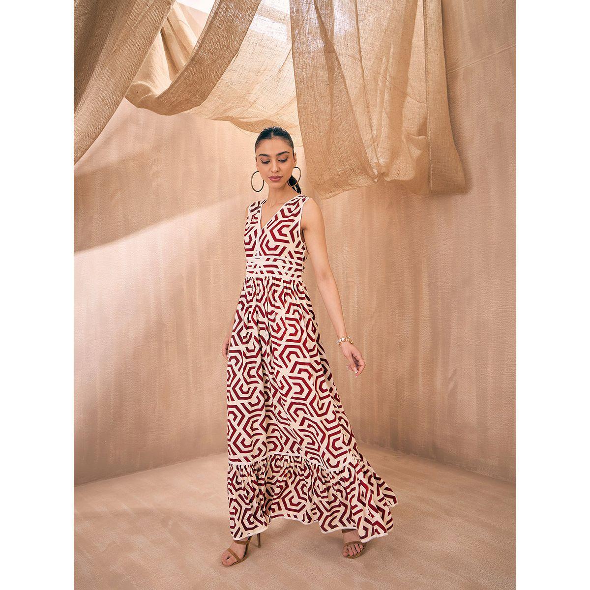 فستان طويل مطبع بنمط هندسي وكسرات ساسافراس × ستايلي-women-clothing-dresses-image-5