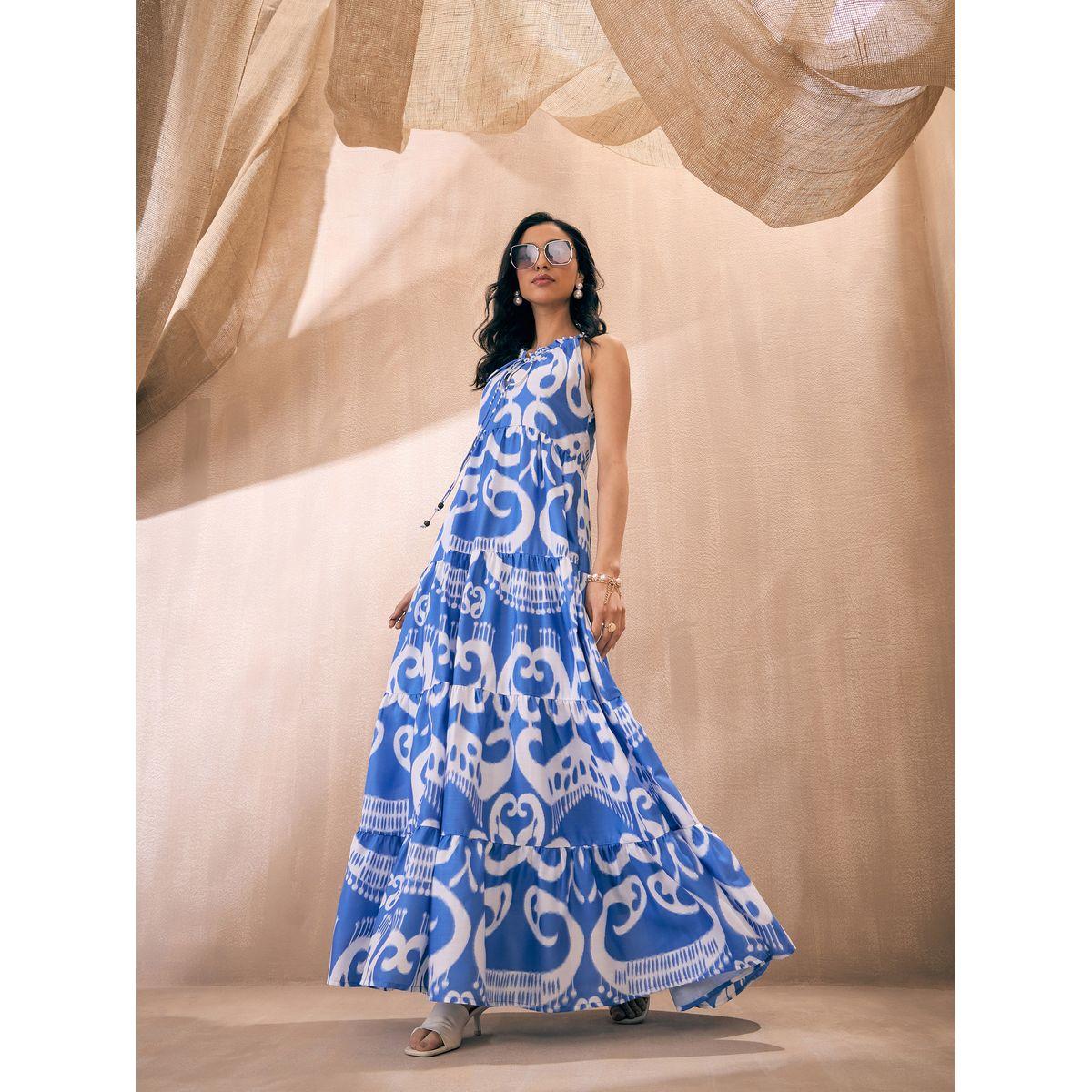 فستان طويل بطبعة ايكات مع كسرات وياقة دوري ساسافراس × ستايلي-women-clothing-dresses-image-1