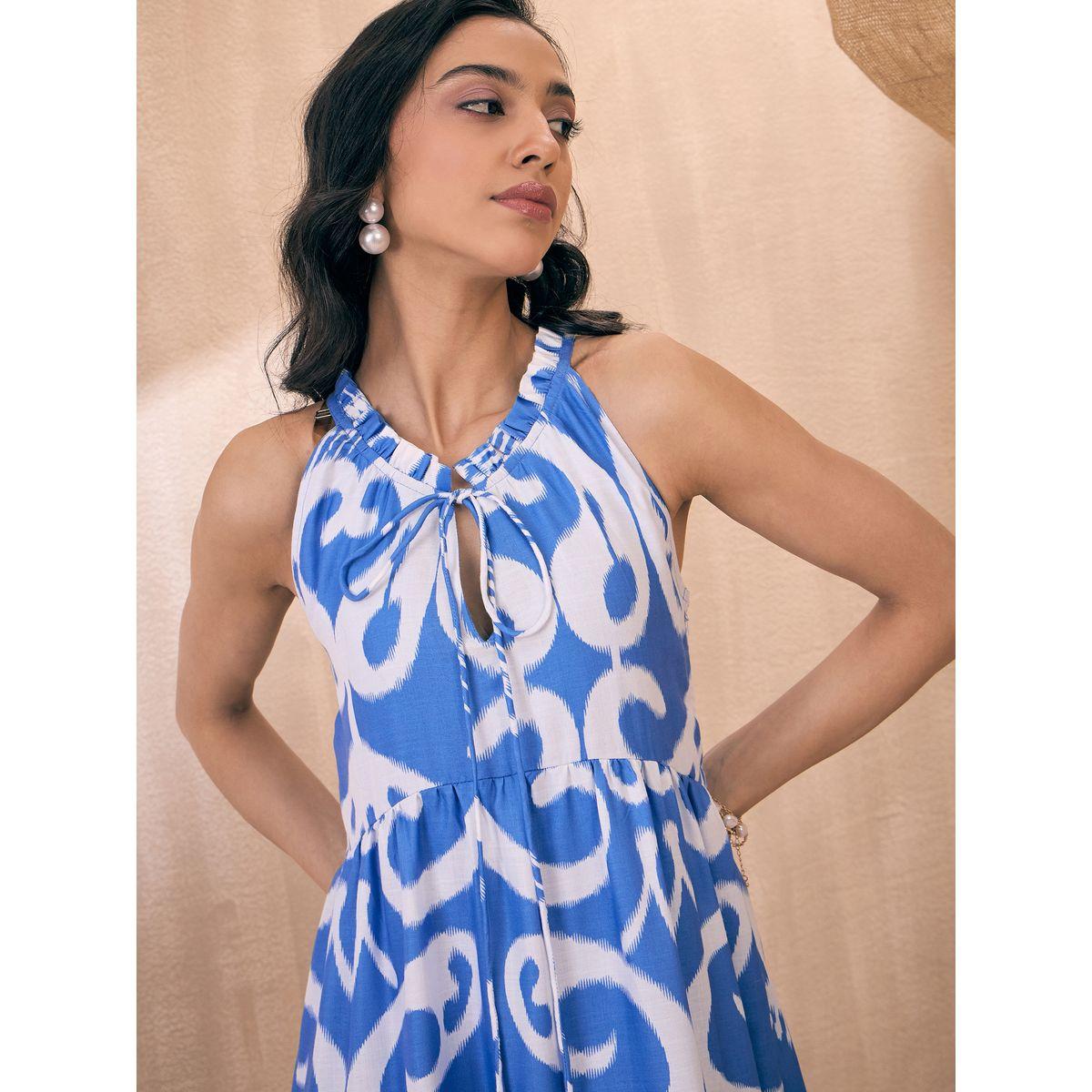 فستان طويل بطبعة ايكات مع كسرات وياقة دوري ساسافراس × ستايلي-women-clothing-dresses-image-4