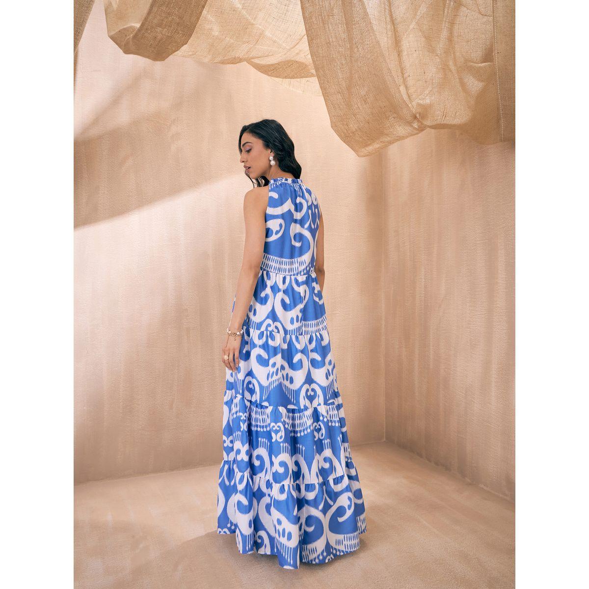 فستان طويل بطبعة ايكات مع كسرات وياقة دوري ساسافراس × ستايلي-women-clothing-dresses-image-5