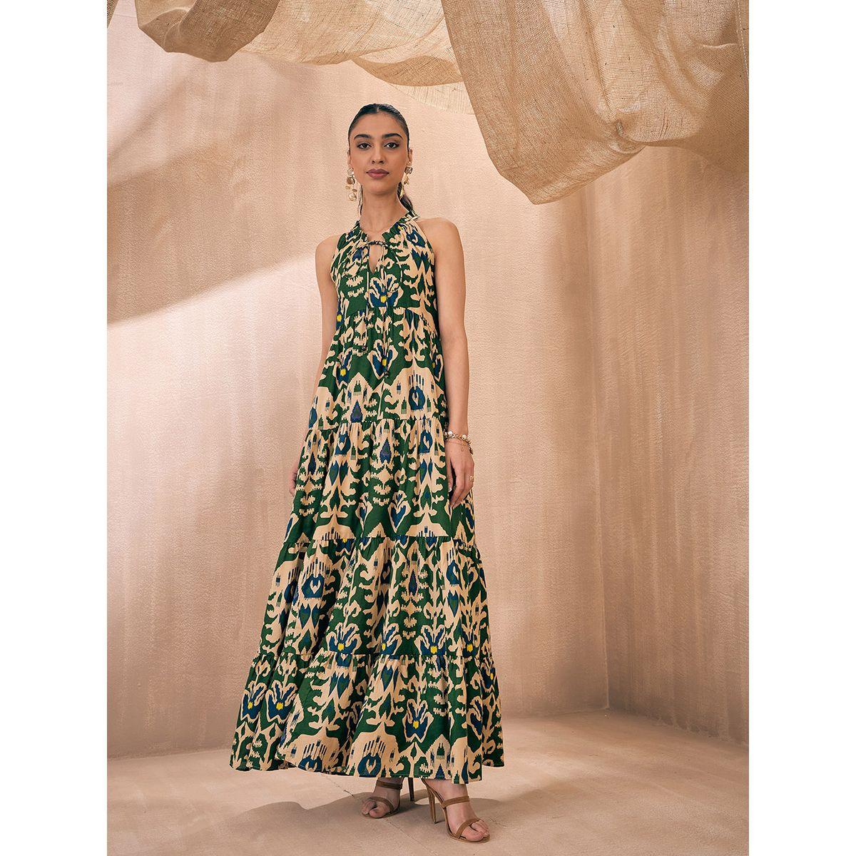 فستان طويل بطبعة ايكات مع كسرات وياقة دوري ساسافراس × ستايلي-women-clothing-dresses-image-7