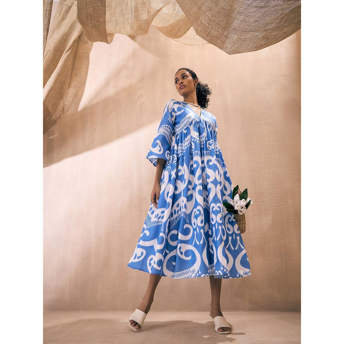 Sassafras X Styli  All Over Print Tent Midi Dress with 3/4 Sleeves-women-clothing-dresses-image-1