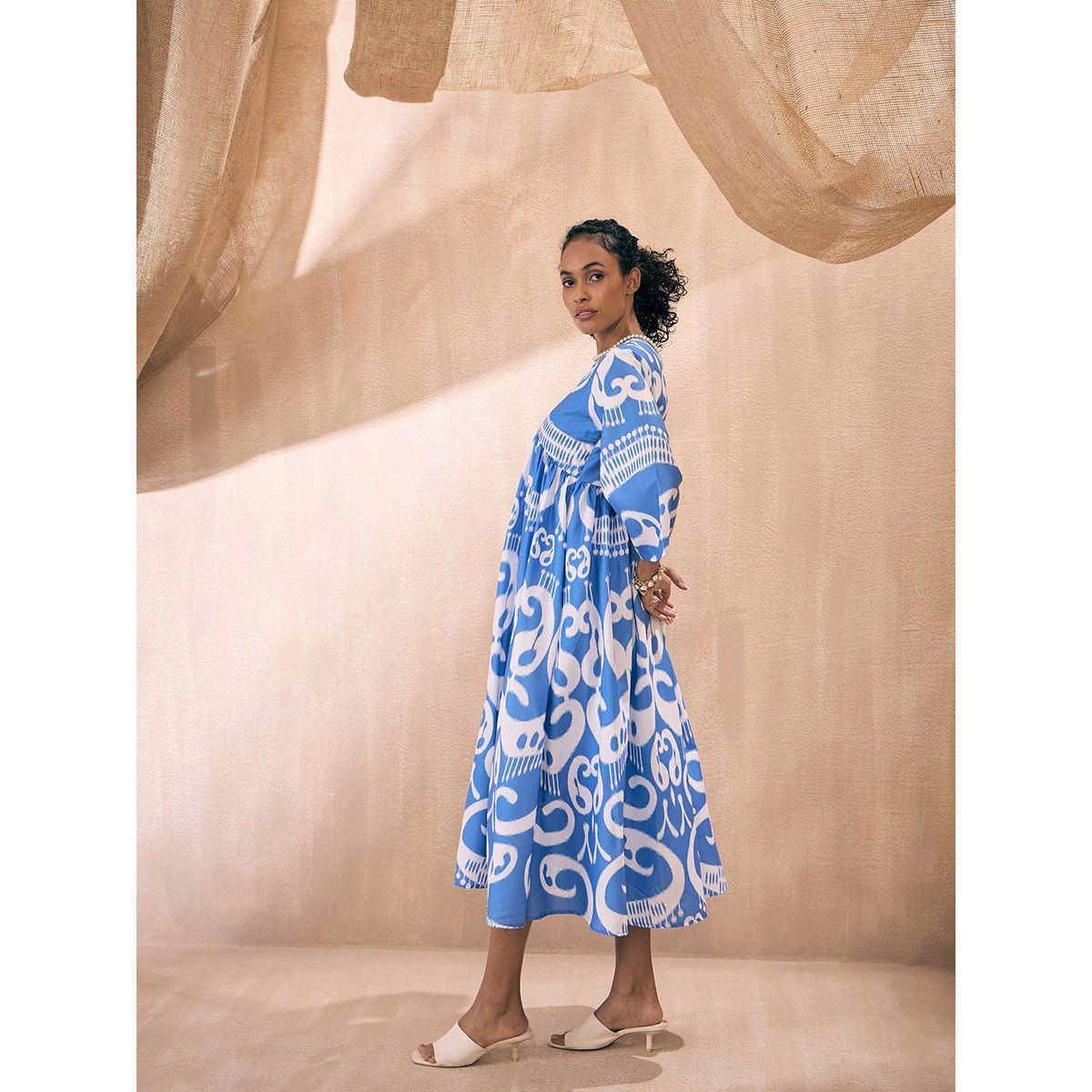 فستان ميدي بطبعة ايكات مع اكمام 3/4 ساسافراس × ستايلي-women-clothing-dresses-image-3