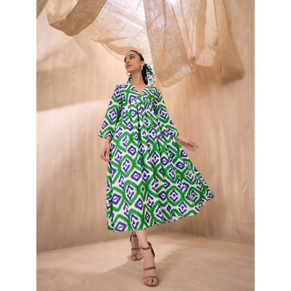 فستان ميدي بطبعة ايكات مع اكمام 3/4 ساسافراس × ستايلي-women-clothing-dresses-image-1