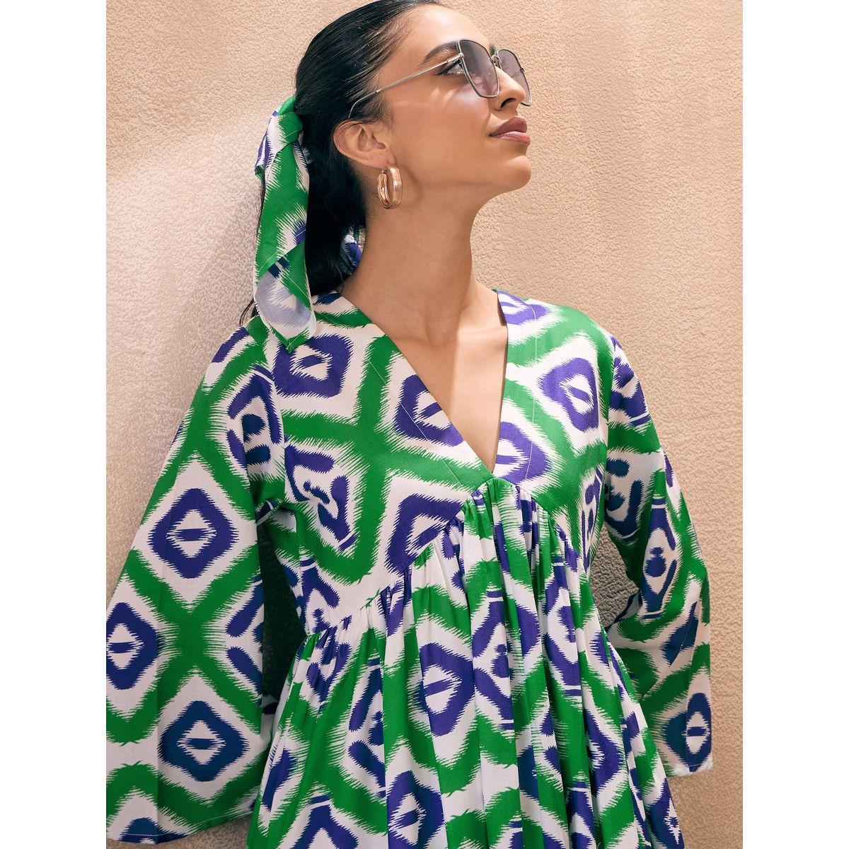 فستان ميدي بطبعة ايكات مع اكمام 3/4 ساسافراس × ستايلي-women-clothing-dresses-image-2