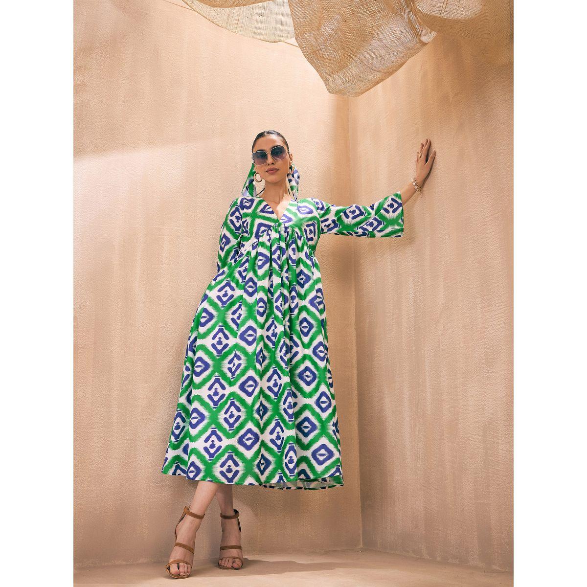 فستان ميدي بطبعة ايكات مع اكمام 3/4 ساسافراس × ستايلي-women-clothing-dresses-image-4