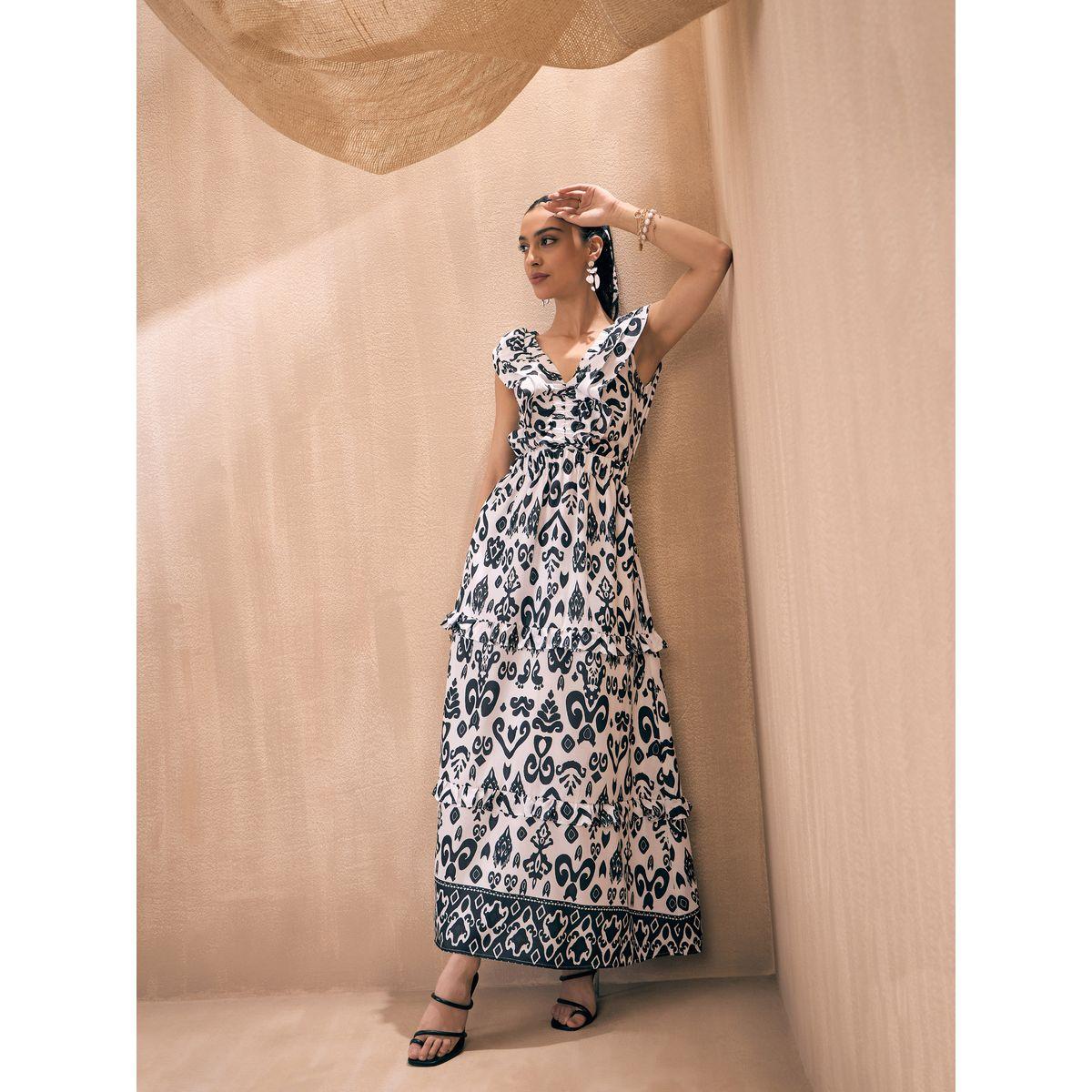 فستان طويل بطبعة ايكات وكسرات مع فتحات ساسافراس × ستايلي-women-clothing-dresses-image-1