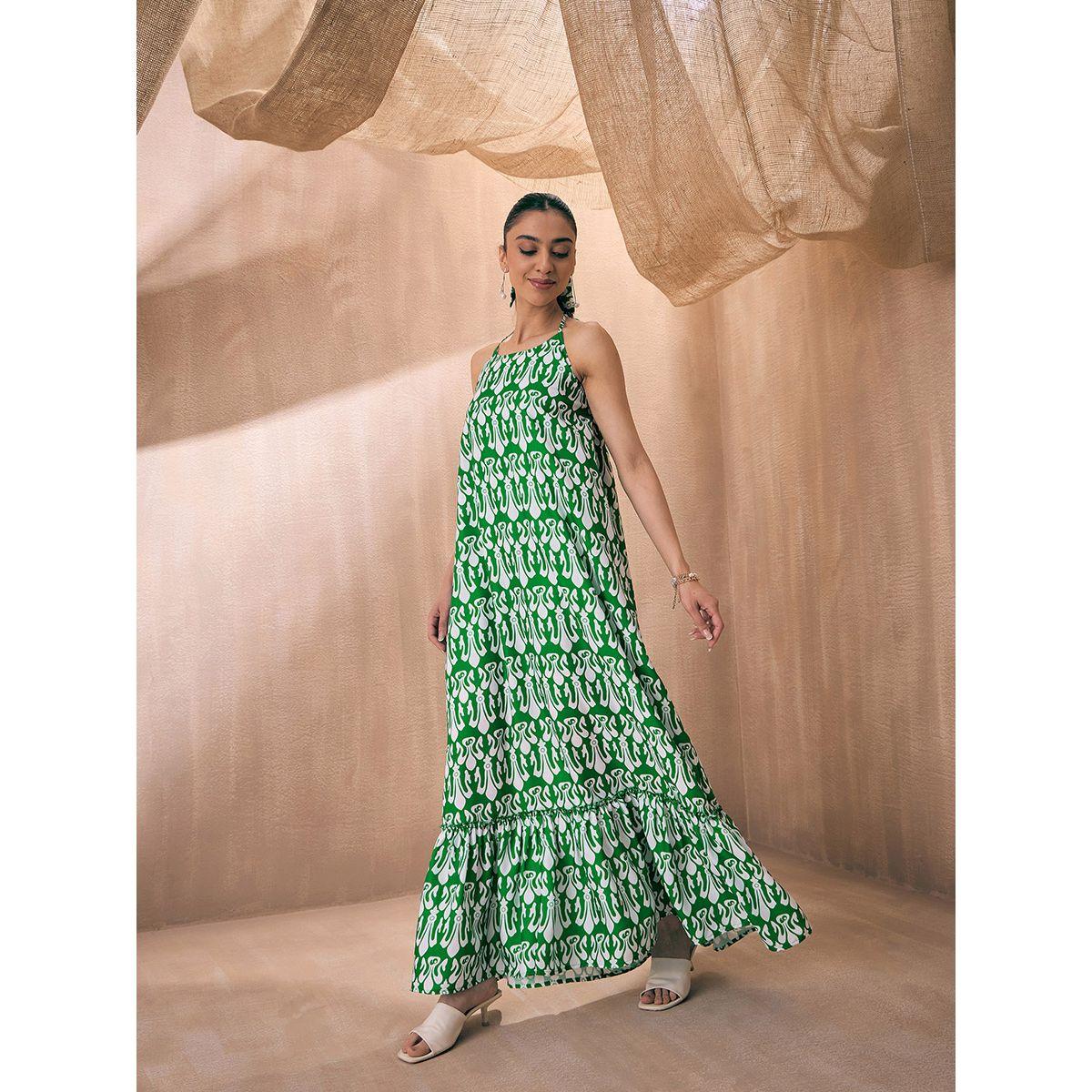 فستان طويل مطبع بالكامل مع ياقة هولتر ساسافراس × ستايلي-women-clothing-dresses-image-3