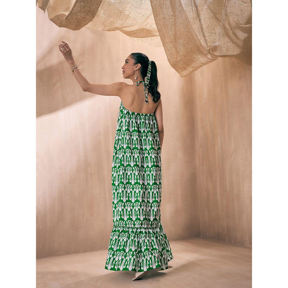 فستان طويل مطبع بالكامل مع ياقة هولتر ساسافراس × ستايلي-women-clothing-dresses-image-5