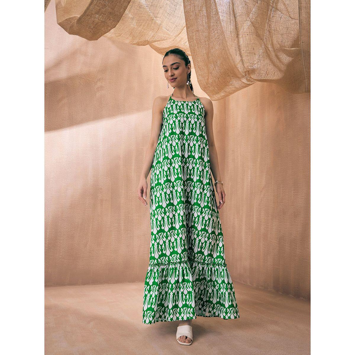 فستان طويل مطبع بالكامل مع ياقة هولتر ساسافراس × ستايلي-women-clothing-dresses-image-6