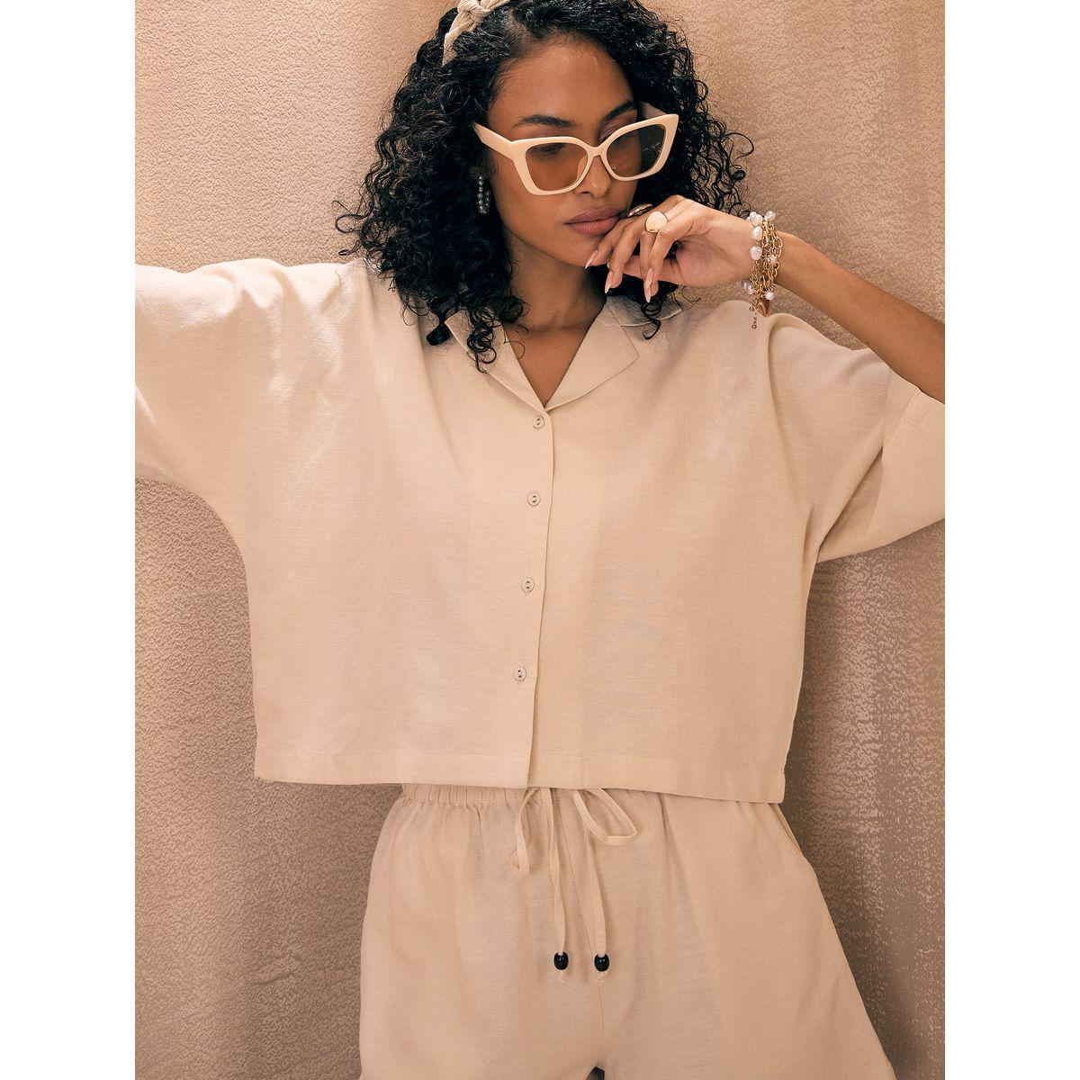 طقم منسق من شورت مع بلوزة قصيرة سادة ساسافراس × ستايلي-women-clothing-coordsets-image-2