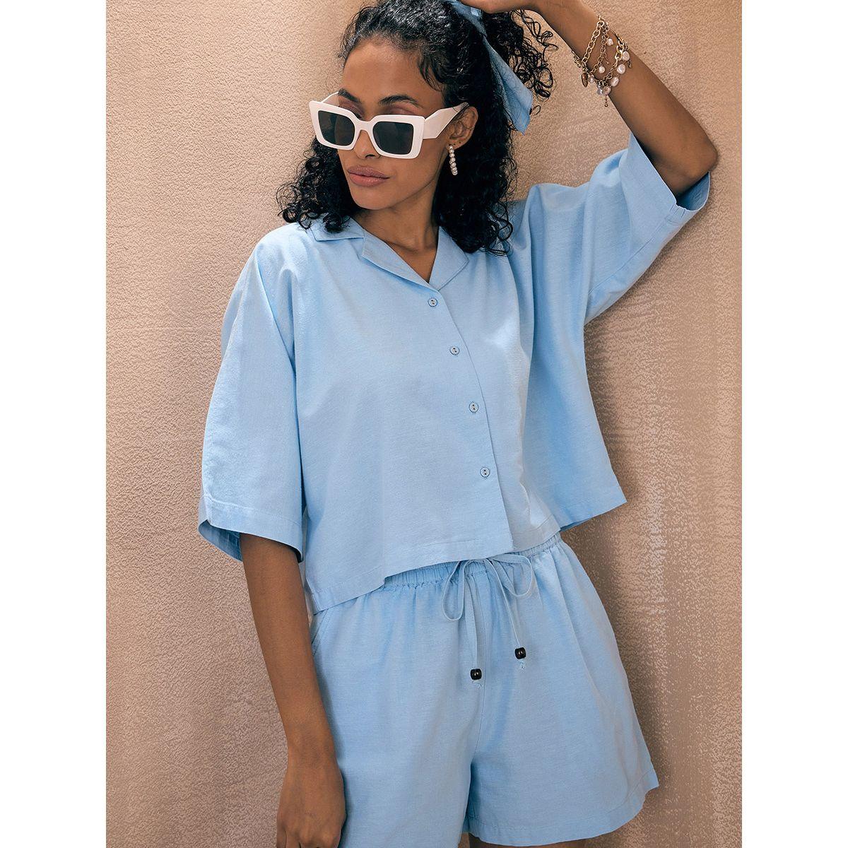 Sassafras X Styli  Solid Crop Shirt & Shorts Co-Ords-women-clothing-coordsets-image-9
