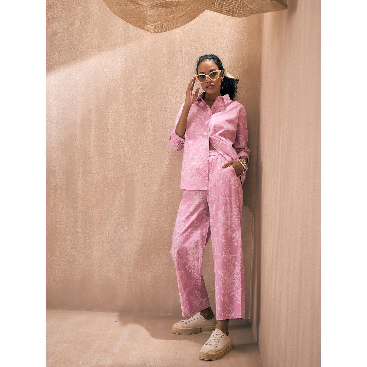 Sassafras X Styli  Poplin Floral Print Shirt & Straight Pants Co-Ords-women-clothing-coordsets-image-1