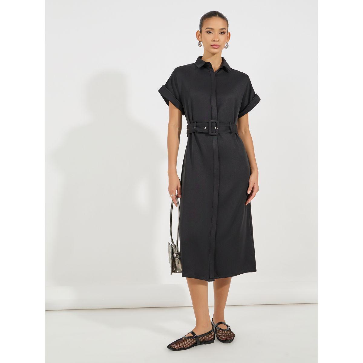 فستان ميدي مزين بحزام مع أكمام مطوية-women-clothing-dresses-image-1