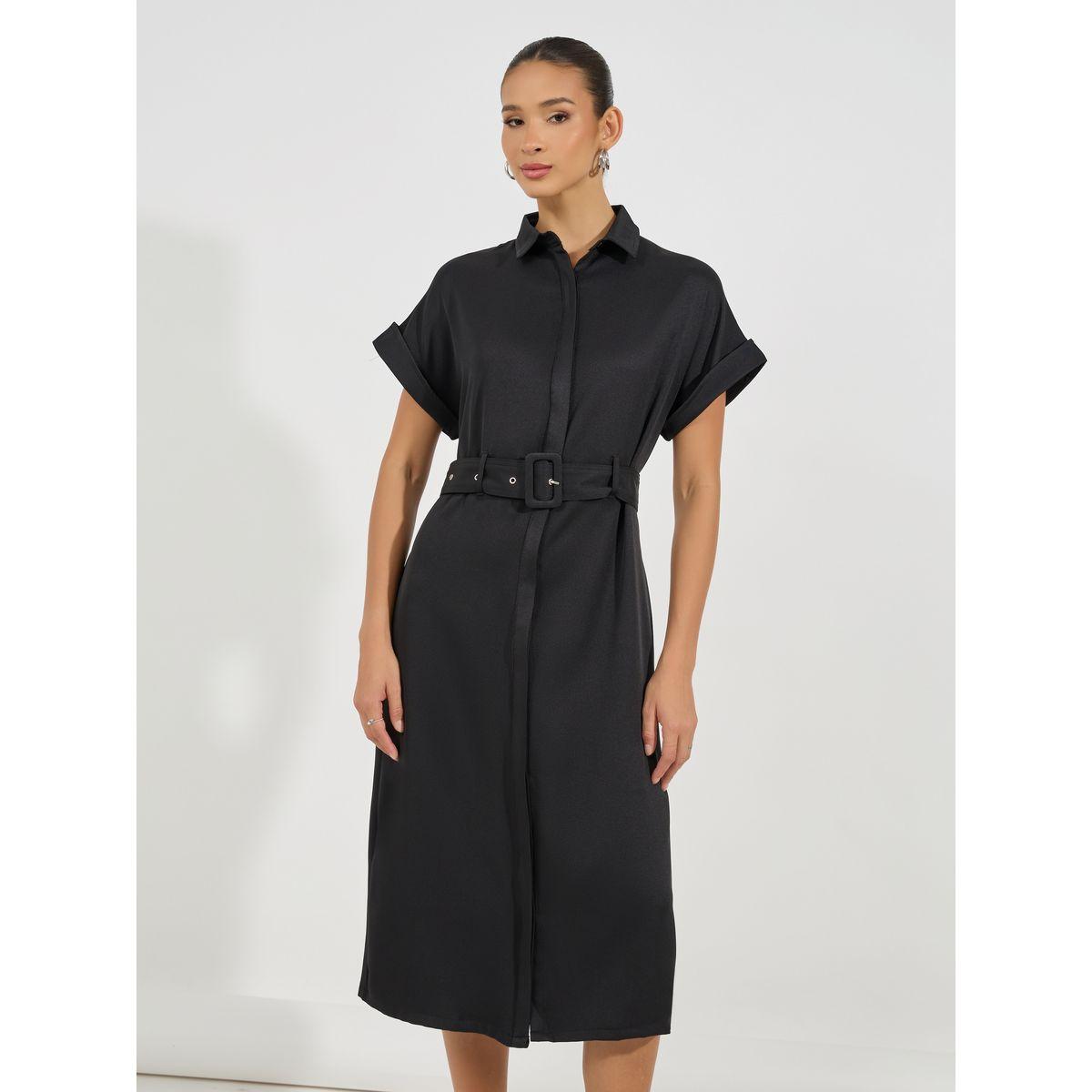فستان ميدي مزين بحزام مع أكمام مطوية-women-clothing-dresses-image-2