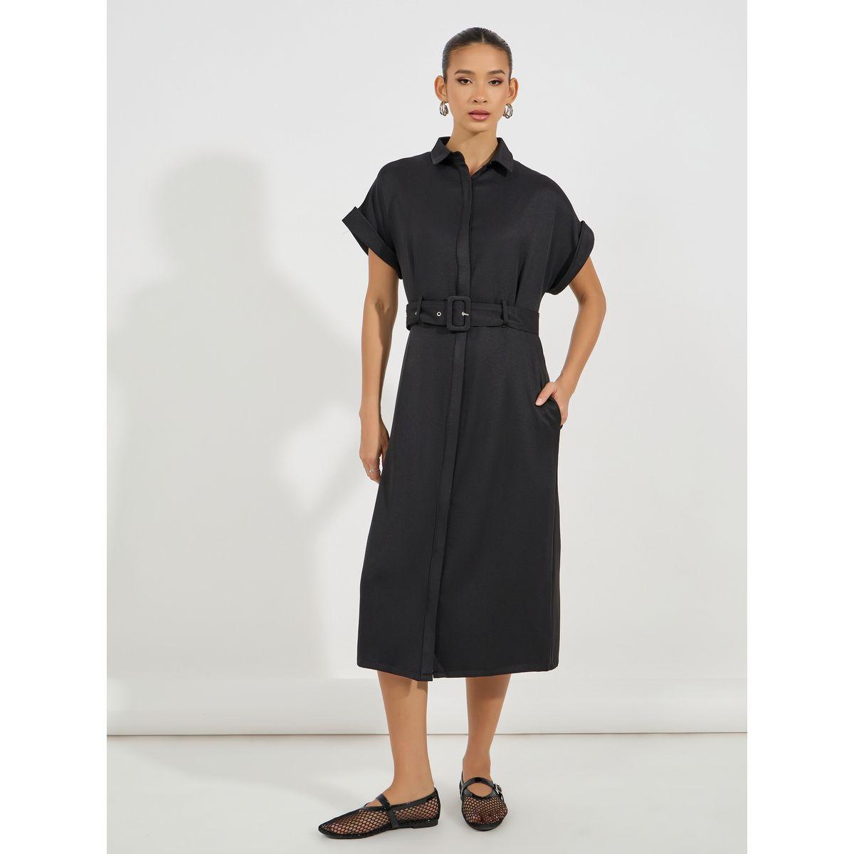 فستان ميدي مزين بحزام مع أكمام مطوية-women-clothing-dresses-image-4