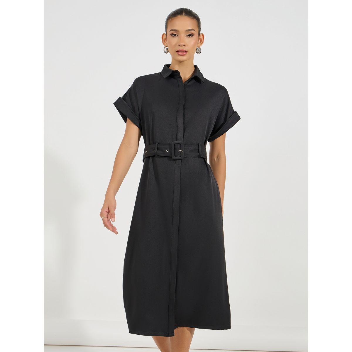 فستان ميدي مزين بحزام مع أكمام مطوية-women-clothing-dresses-image-5