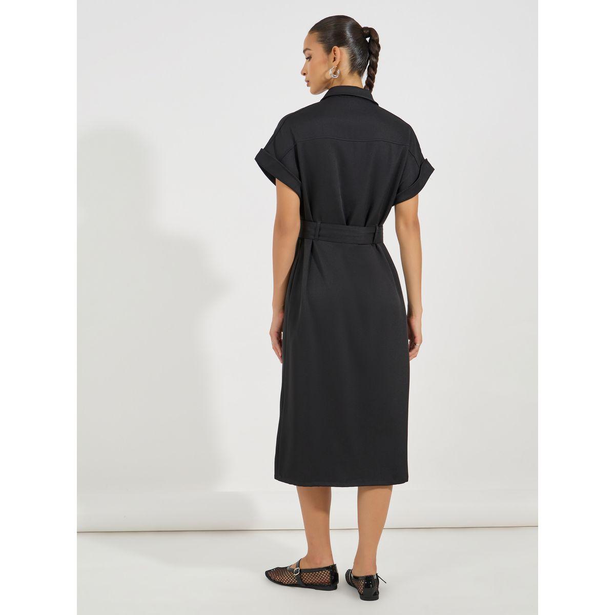 فستان ميدي مزين بحزام مع أكمام مطوية-women-clothing-dresses-image-6
