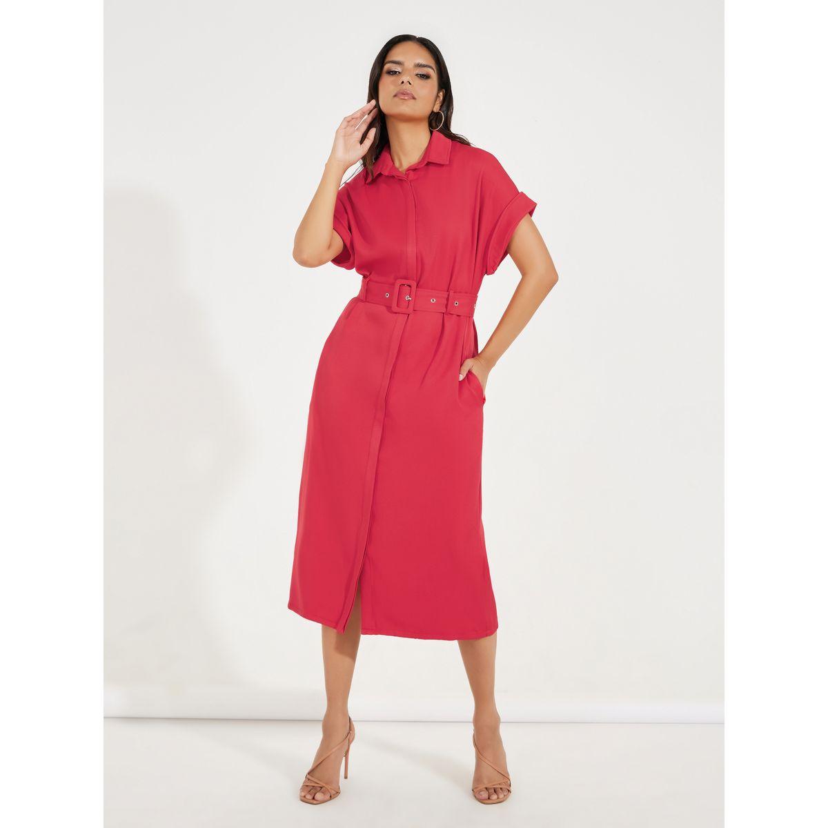 Styli Belted Shirt Midi Dress with Turn-Up Sleeves-women-clothing-dresses-image-1