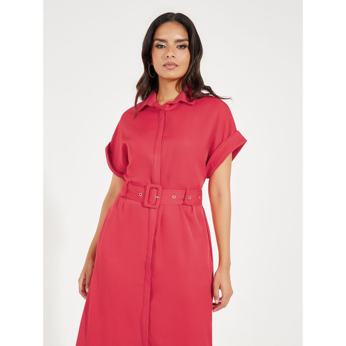 فستان ميدي بأكمام ملفوفة وحزام خصر-women-clothing-dresses-image-2