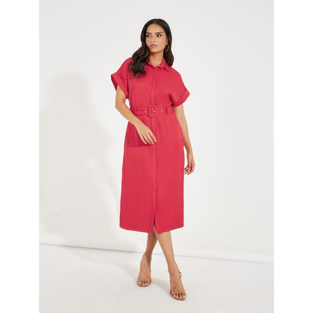 Styli Belted Shirt Midi Dress with Turn-Up Sleeves-women-clothing-dresses-image-4