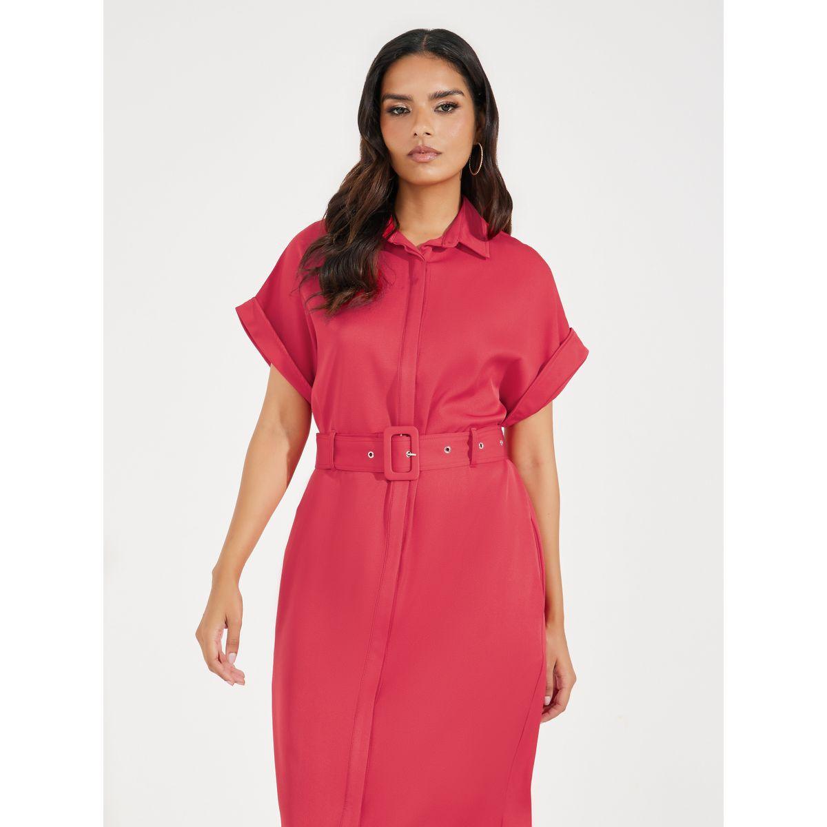 Styli Belted Shirt Midi Dress with Turn-Up Sleeves-women-clothing-dresses-image-5