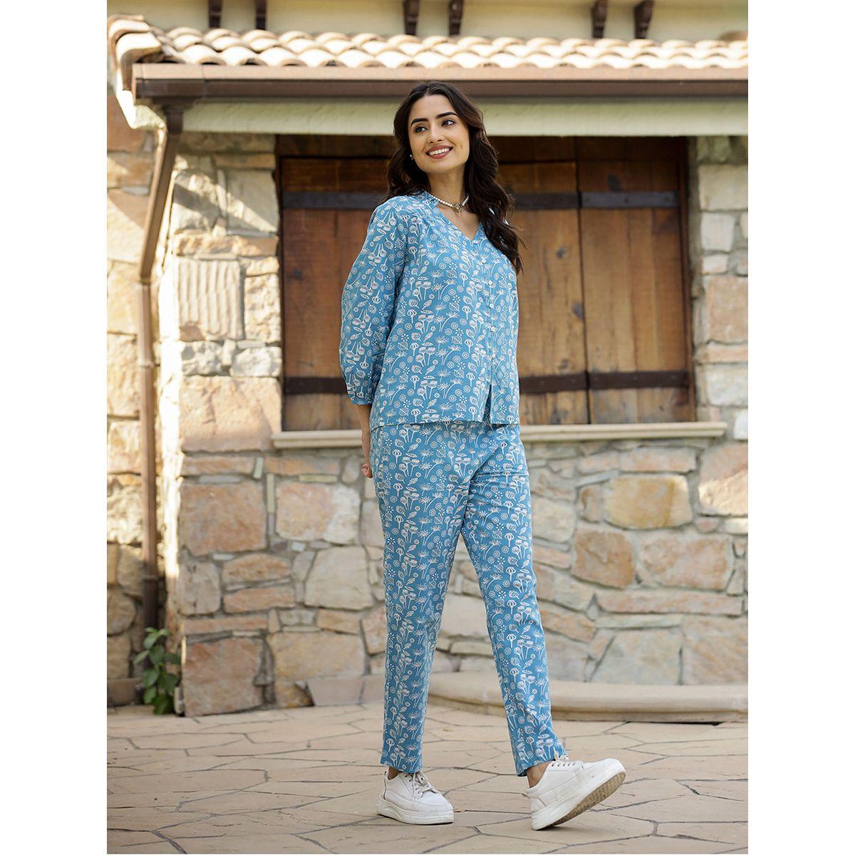 طقم من بنطال بيجاما مع بلوزة قطن مطبعة بالكامل سانسكريتي هومز × ستايلي-women-clothing-nightwear-pyjamas-longsets-image-3