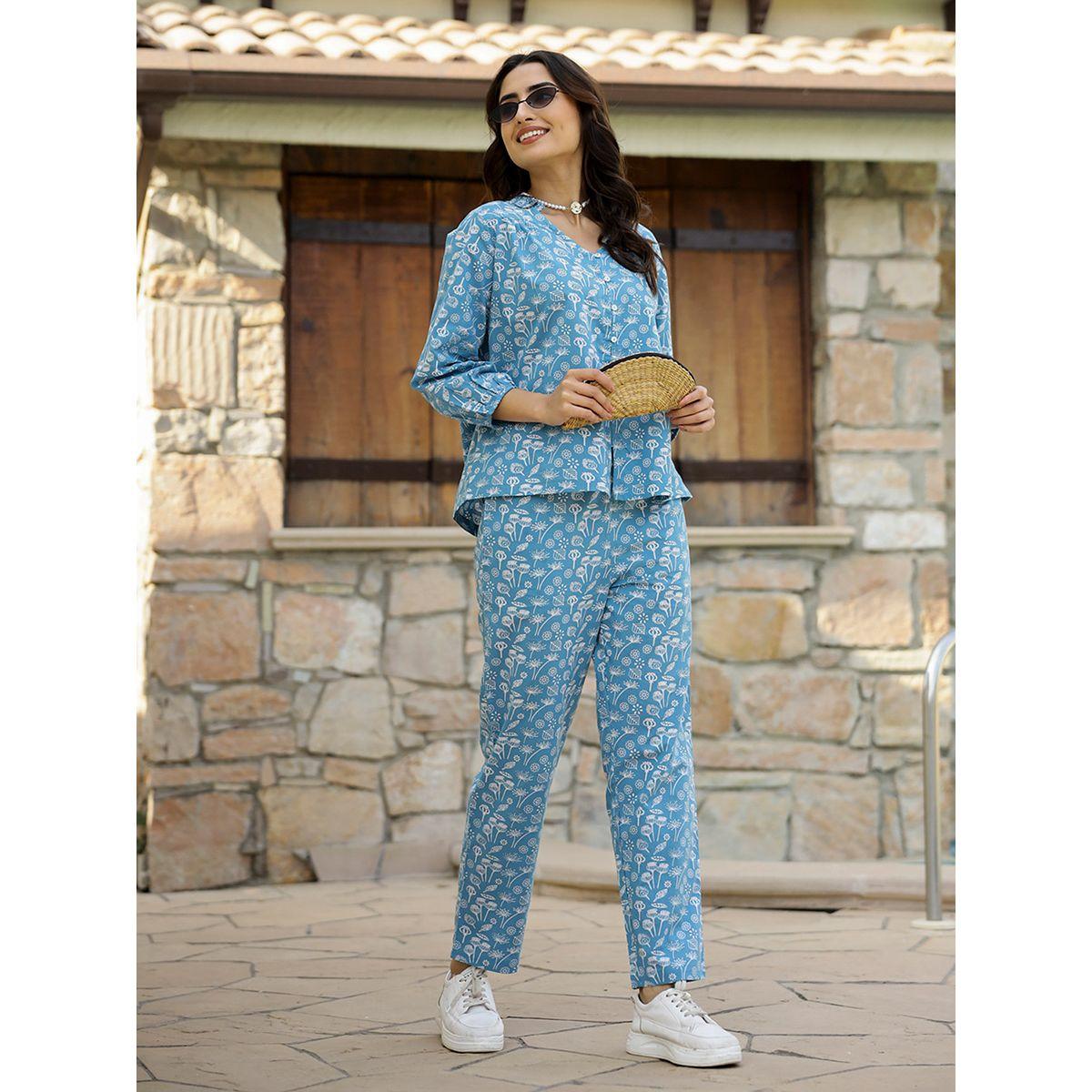 طقم من بنطال بيجاما مع بلوزة قطن مطبعة بالكامل سانسكريتي هومز × ستايلي-women-clothing-nightwear-pyjamas-longsets-image-6