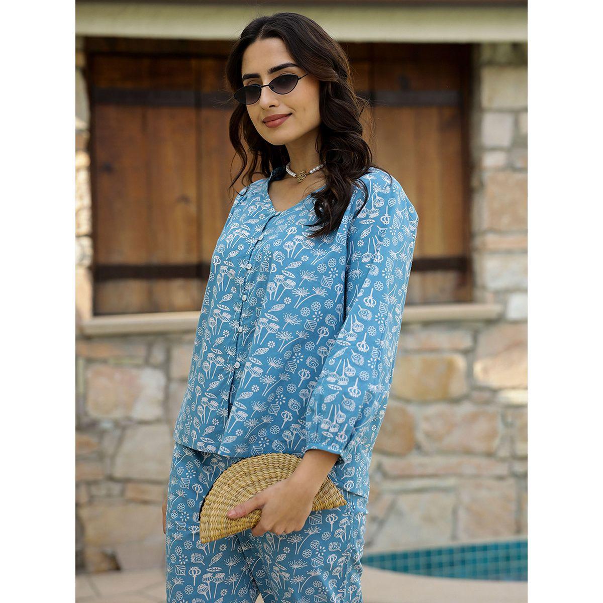 طقم من بنطال بيجاما مع بلوزة قطن مطبعة بالكامل سانسكريتي هومز × ستايلي-women-clothing-nightwear-pyjamas-longsets-image-7