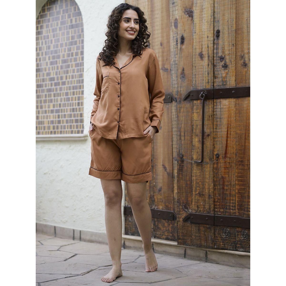 طقم من 3 - بنطال بيجاما وبلوزة قطن مع شورت سانسكريتي هومز × ستايلي-women-clothing-nightwear-pyjamas-longsets-image-9