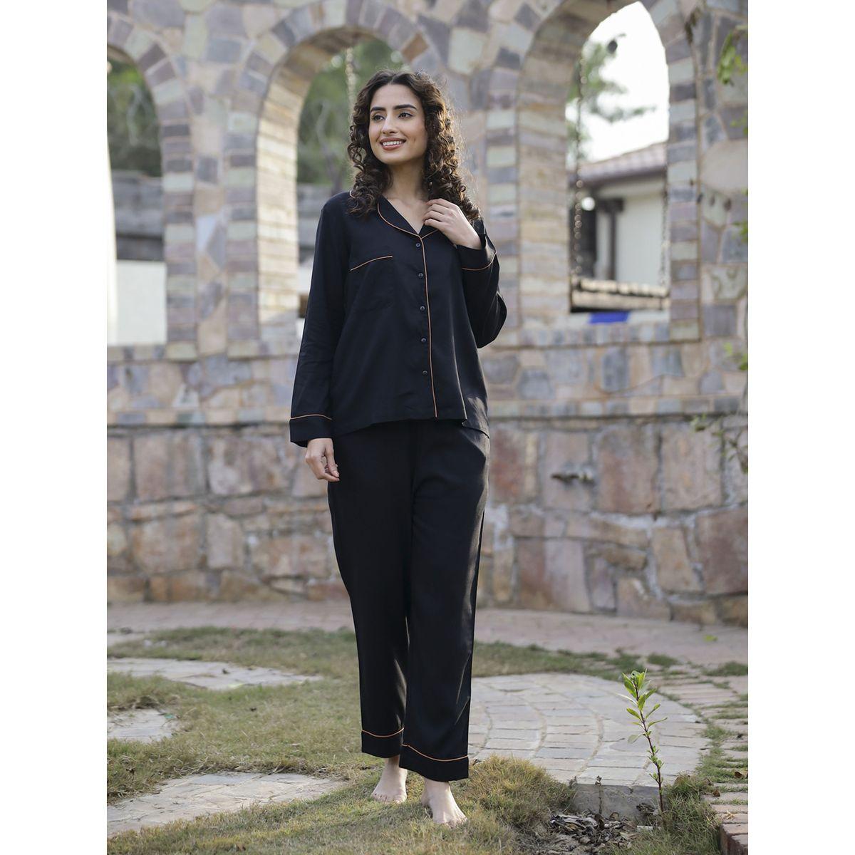 Sanskrutihomes X Styli  Pack of 3 - Cotton Contrast Piping Detail Shirt, Straight Pyjama & Shorts-women-clothing-nightwear-pyjamas-longsets-image-1
