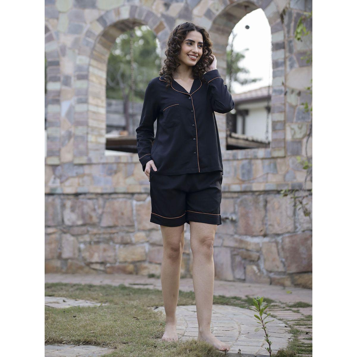 Sanskrutihomes X Styli  Pack of 3 - Cotton Contrast Piping Detail Shirt, Straight Pyjama & Shorts-women-clothing-nightwear-pyjamas-longsets-image-3