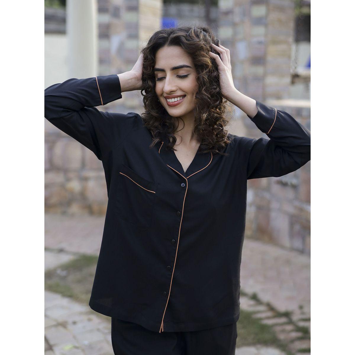 Sanskrutihomes X Styli  Pack of 3 - Cotton Contrast Piping Detail Shirt, Straight Pyjama & Shorts-women-clothing-nightwear-pyjamas-longsets-image-7
