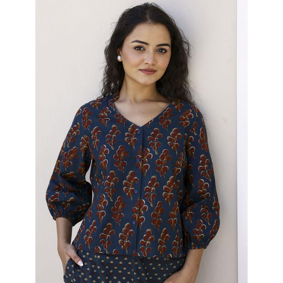 طقم من بنطال بيجاما مع بلوزة قطن مطبعة بزهور سانسكريتي هومز × ستايلي-women-clothing-nightwear-pyjamas-longsets-image-5