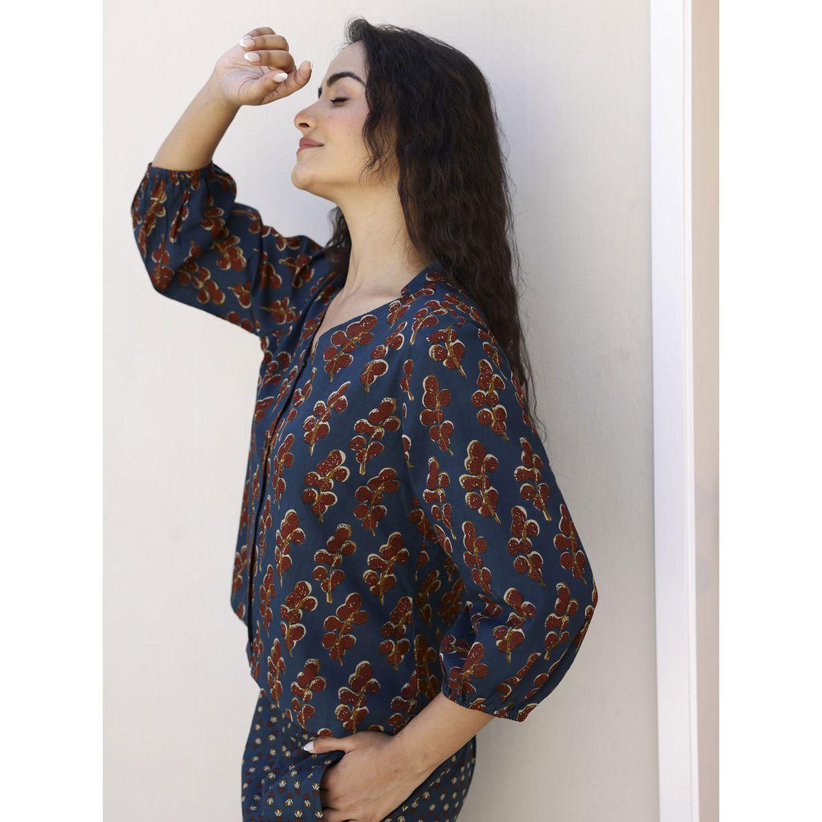 طقم من بنطال بيجاما مع بلوزة قطن مطبعة بزهور سانسكريتي هومز × ستايلي-women-clothing-nightwear-pyjamas-longsets-image-8