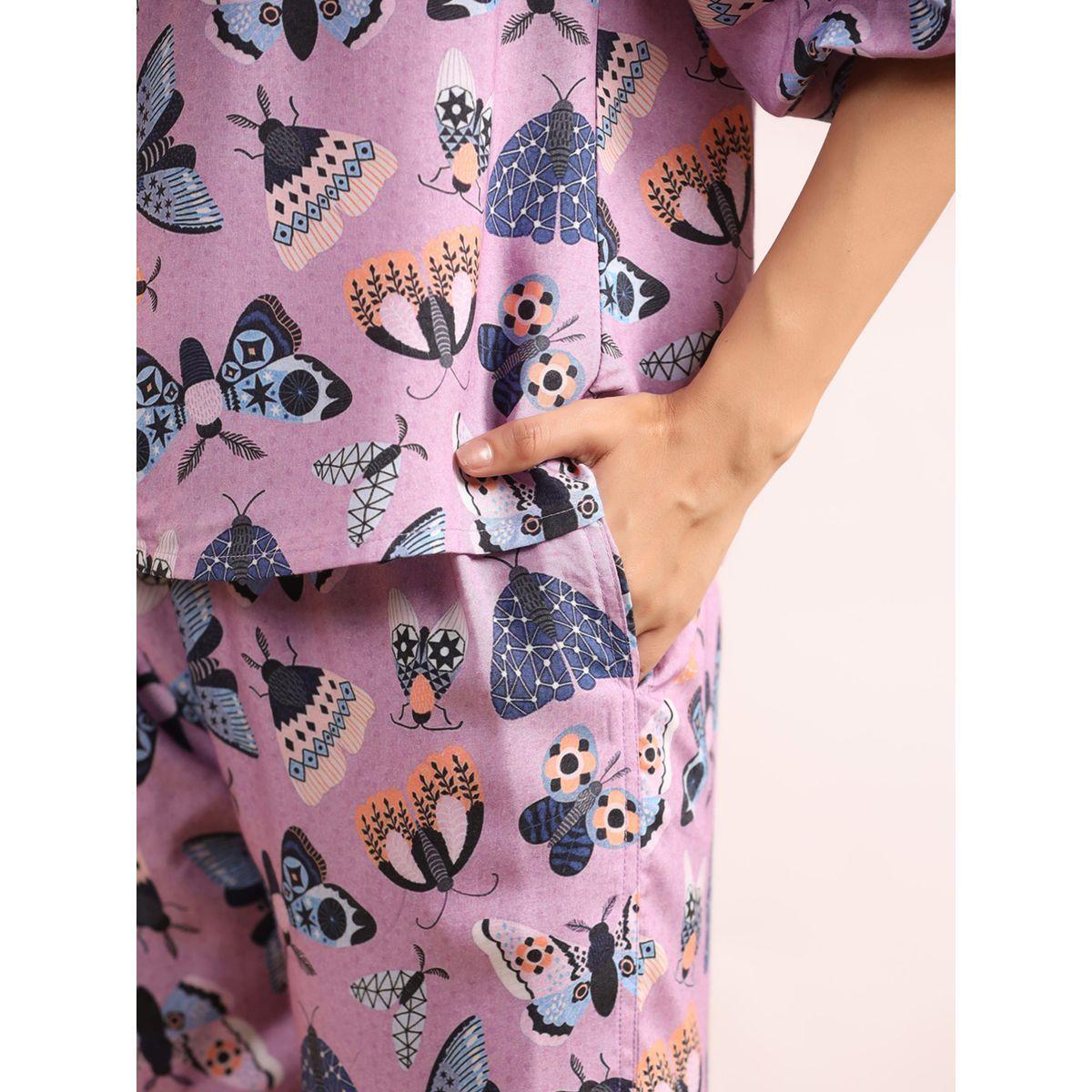 طقم من بنطال بيجاما مع بلوزة مطبعة بطبعة فراشة سانسكريتي هومز × ستايلي-women-clothing-nightwear-pyjamas-longsets-image-10