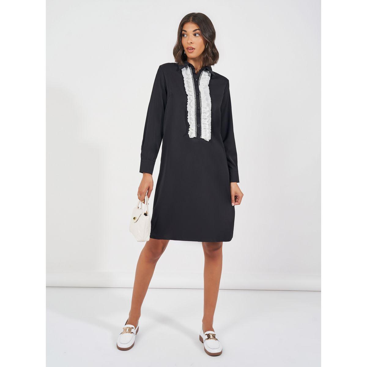Styli Ruffled Lace Insert Collared Knee Length Dress-women-clothing-dresses-image-1
