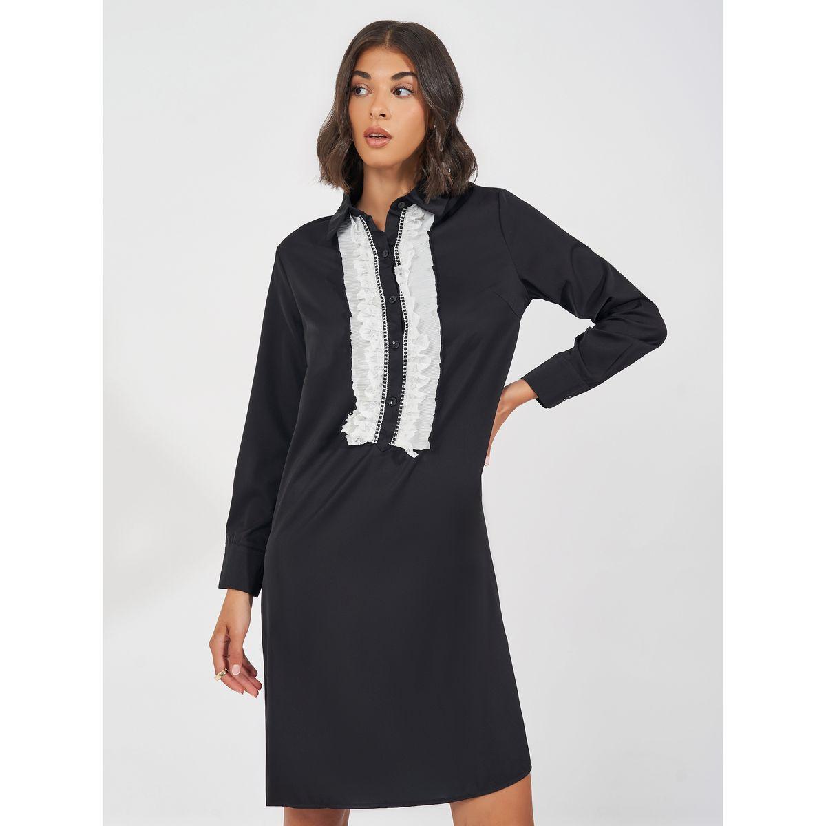 Styli Ruffled Lace Insert Collared Knee Length Dress-women-clothing-dresses-image-2