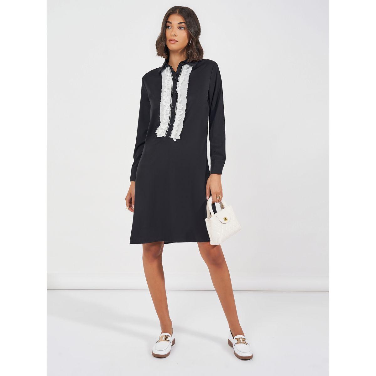 Styli Ruffled Lace Insert Collared Knee Length Dress-women-clothing-dresses-image-3