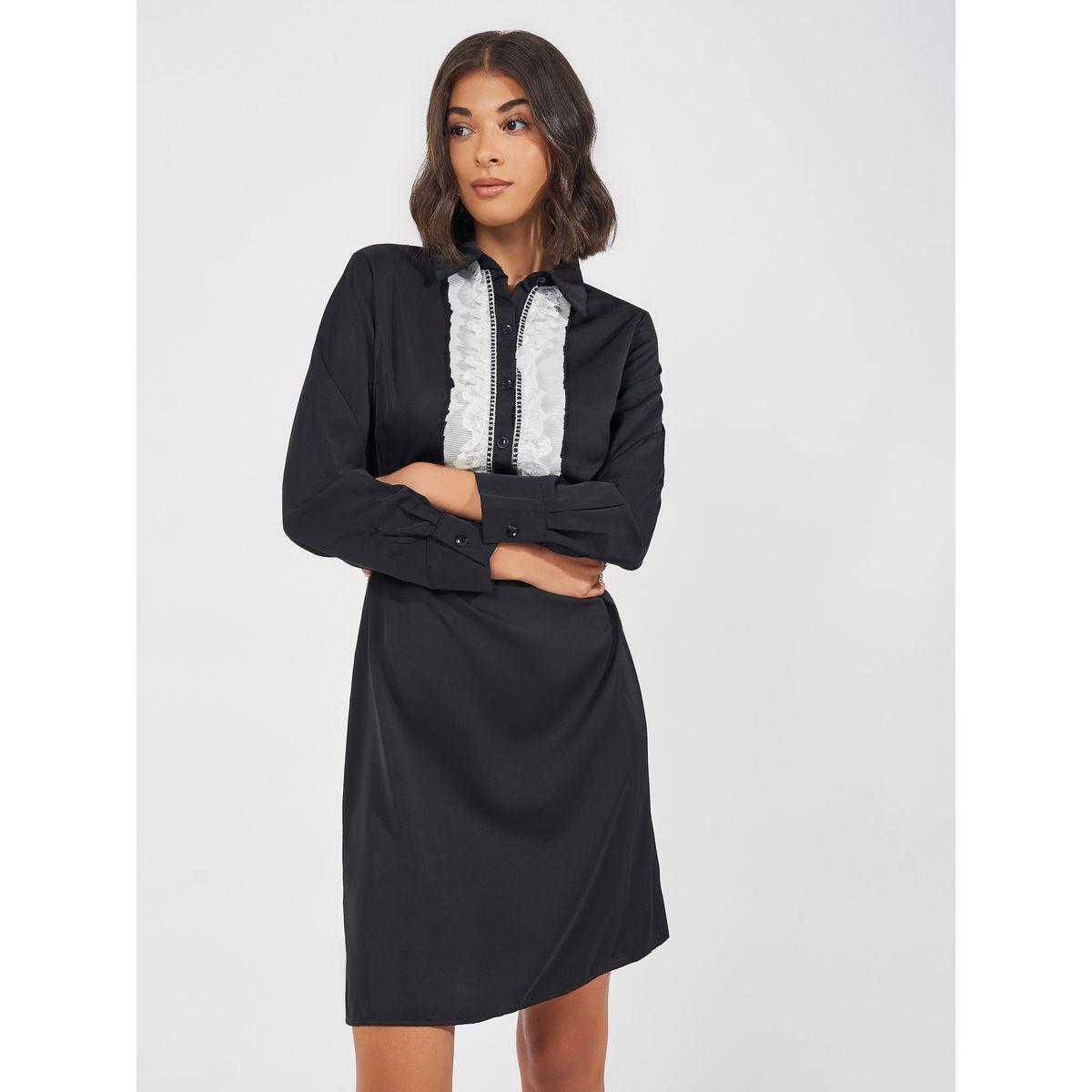Styli Ruffled Lace Insert Collared Knee Length Dress-women-clothing-dresses-image-5