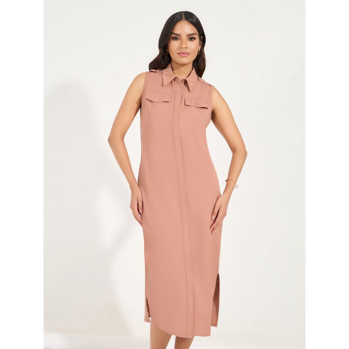 Styli Sleeveless Shirt Midi Dress with Concealed Placket-women-clothing-dresses-image-2